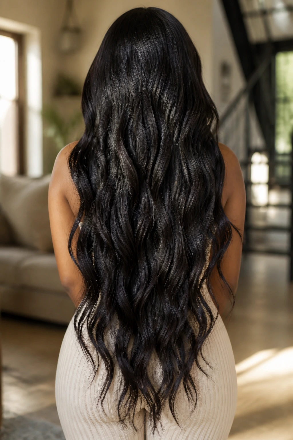 Back view of a real woman with 24-inch waves creating a long vertical line
