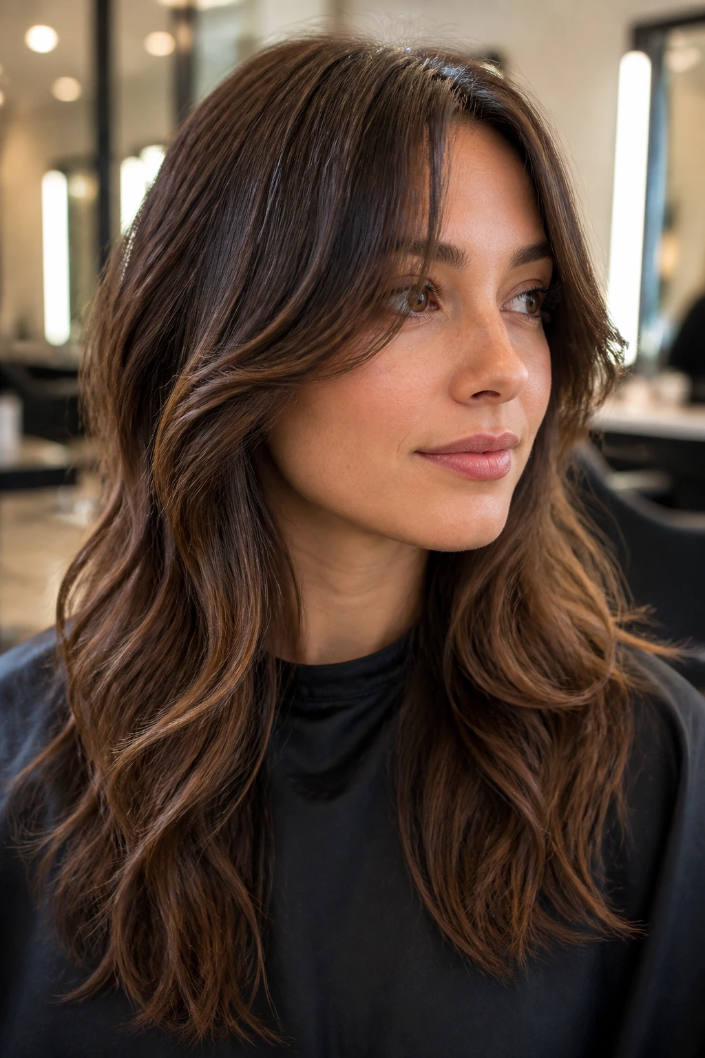 Close-up of a real woman with long layers and subtle 25° elevation in wavy hair