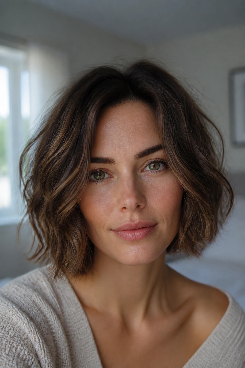 Close-up of a real woman with a structured 2B bob showing a dense perimeter and defined waves