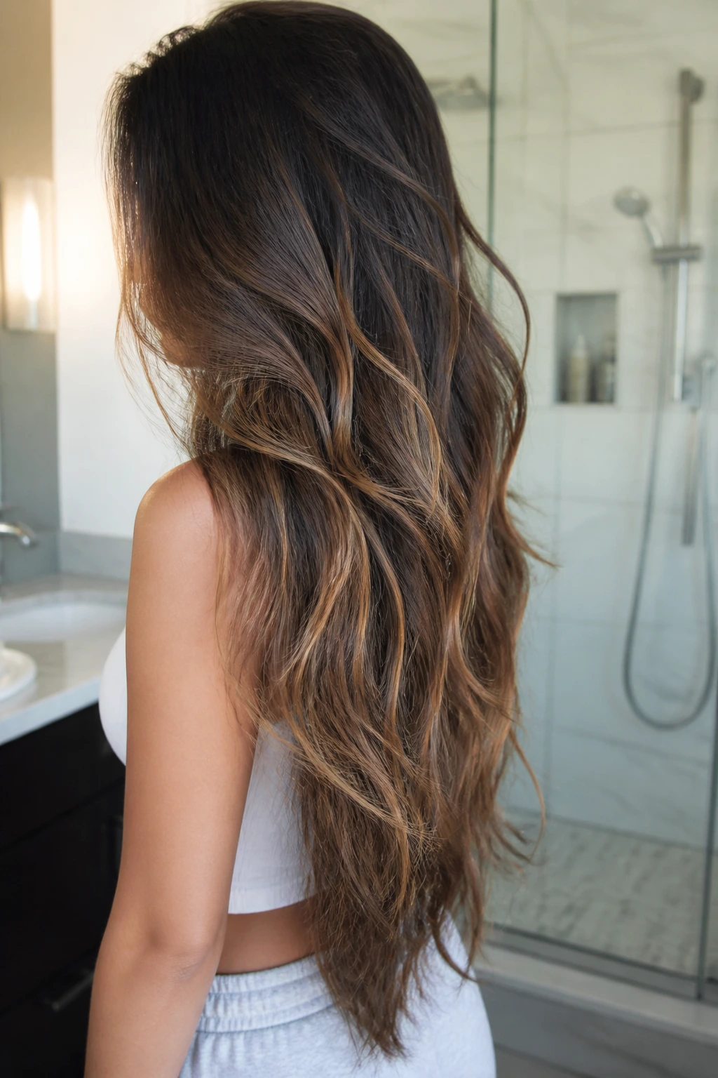Close-up of waist-length hair with caramel lowlights