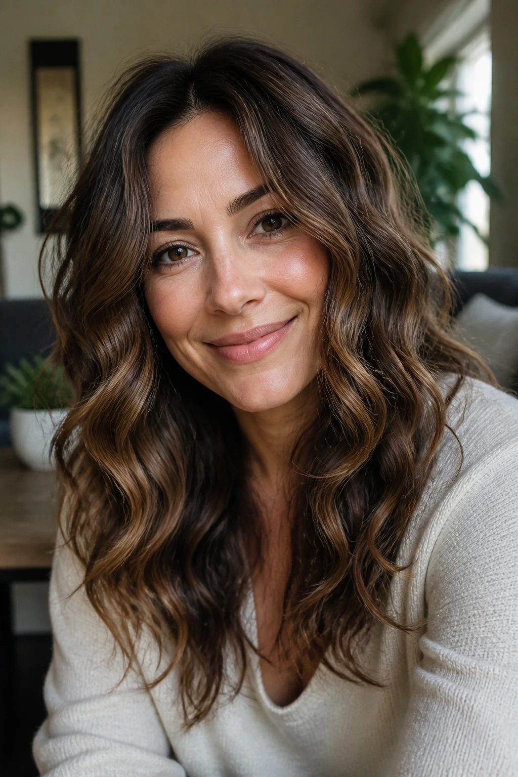 Close-up portrait of a real woman with 2C wavy hair and dimensional lowlights
