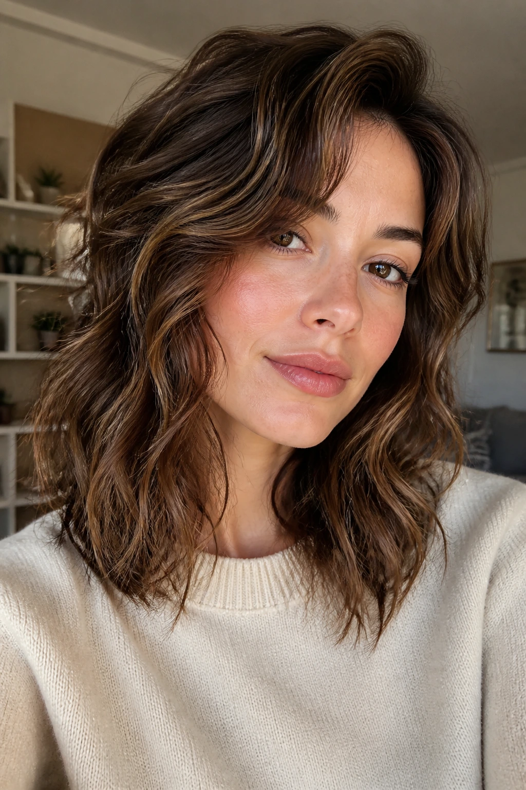 Real woman with 2C waves and lowlights in a chic lob, natural daylight