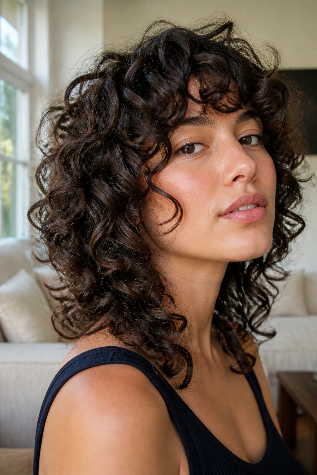 Close-up of real woman with 3A curls and bouncy ends