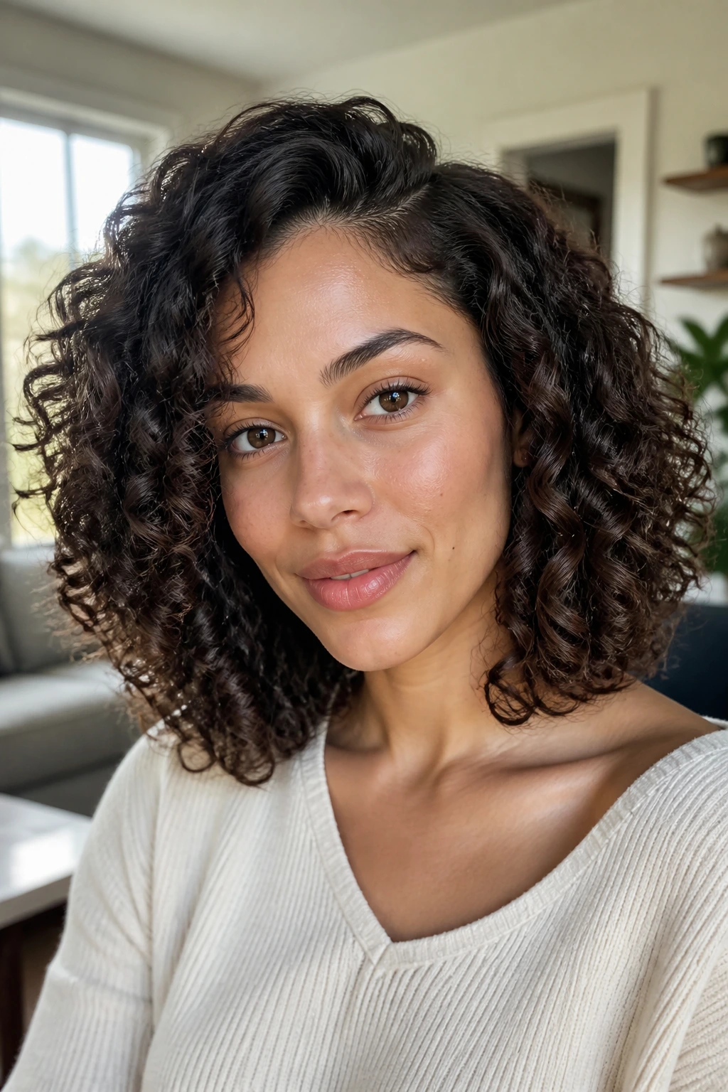 Close-up of a real woman with 3A ringlets in a collarbone-length lob