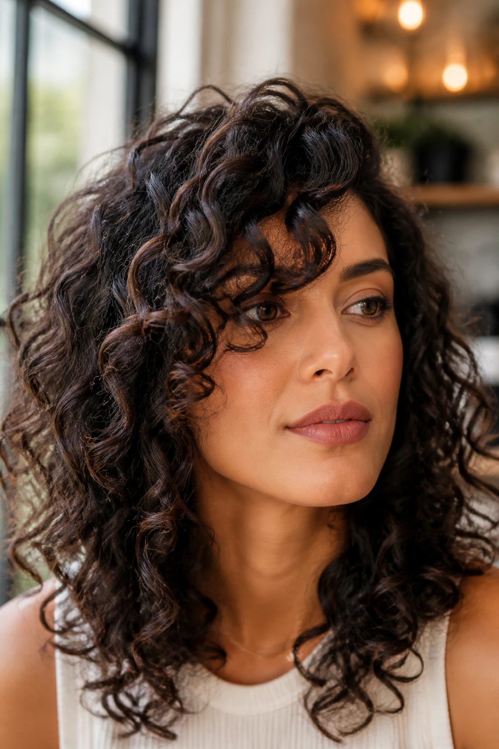 Portrait of a person with defined 3A ringlets and a spiral side sweep
