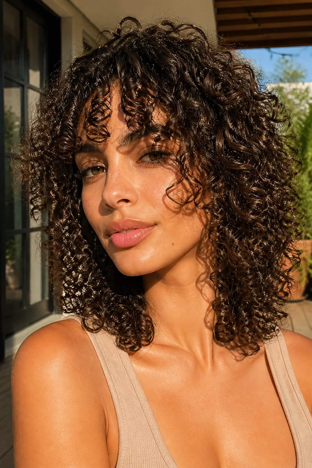 Close-up real woman with defined 3B ringlets and face-framing arcs