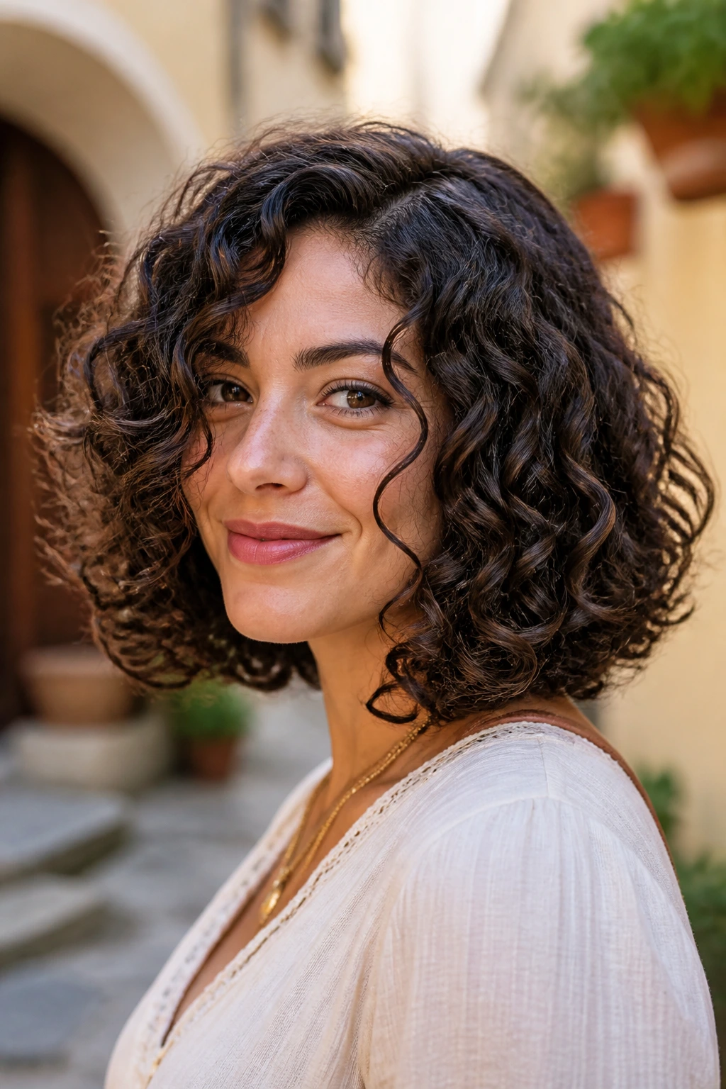 Portrait of a real woman with 3B waves in a curly lob