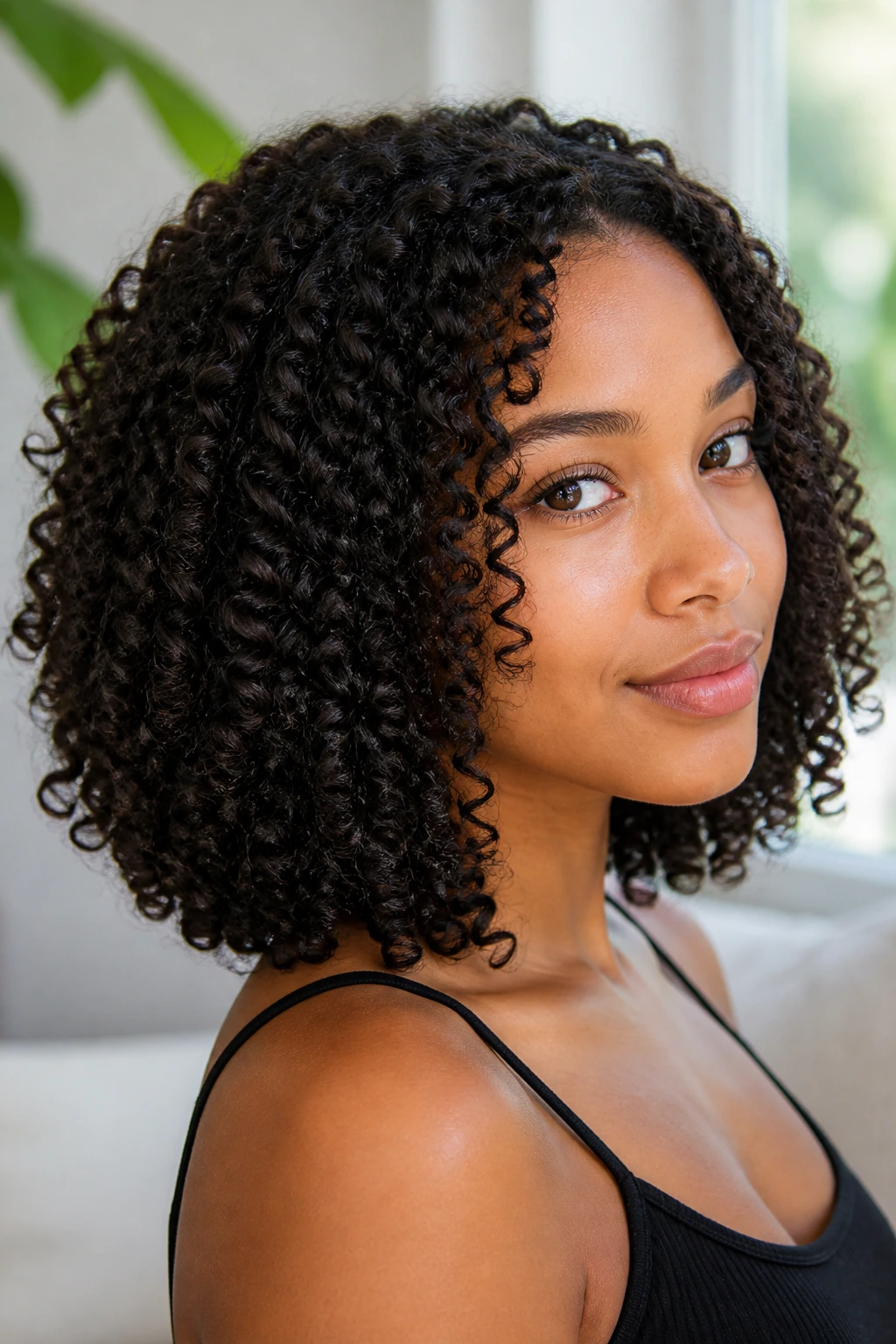 Close-up of a real woman with dense 3C coils in a shoulder-to-collarbone lob