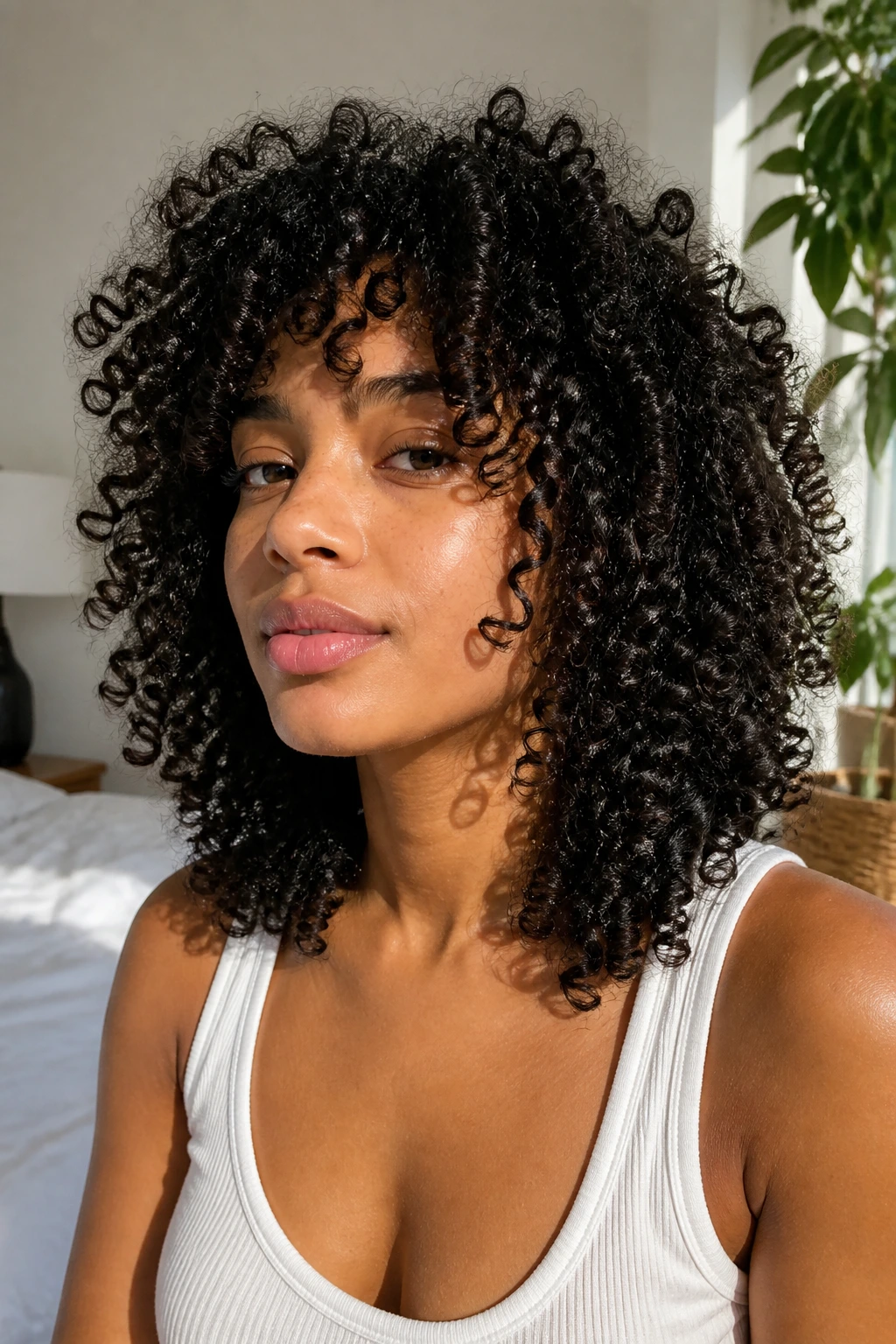 Close-up real woman with 3C curls and shrinkage-friendly layers