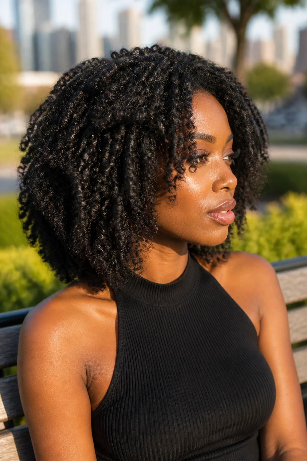 Close-up of woman with 4C textured layered lob outdoors in sunlight