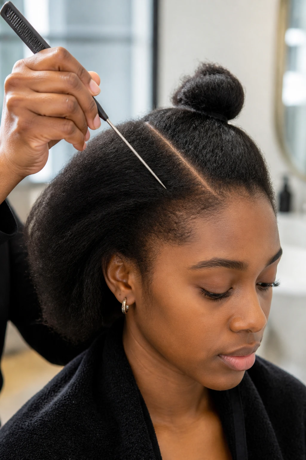 Close-up of a real person's scalp with neat parts and stretched 4C hair being prepared for braiding