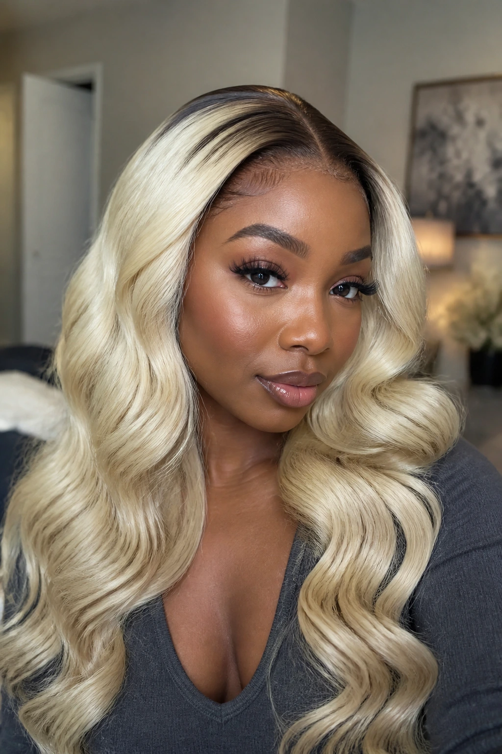 Real woman wearing 613 blonde with soft root smudge and curls.