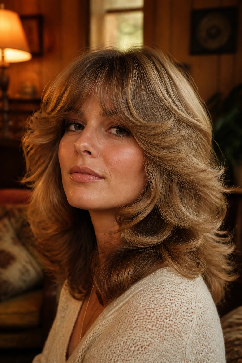 Portrait of a real woman with a 70s feathered shag.