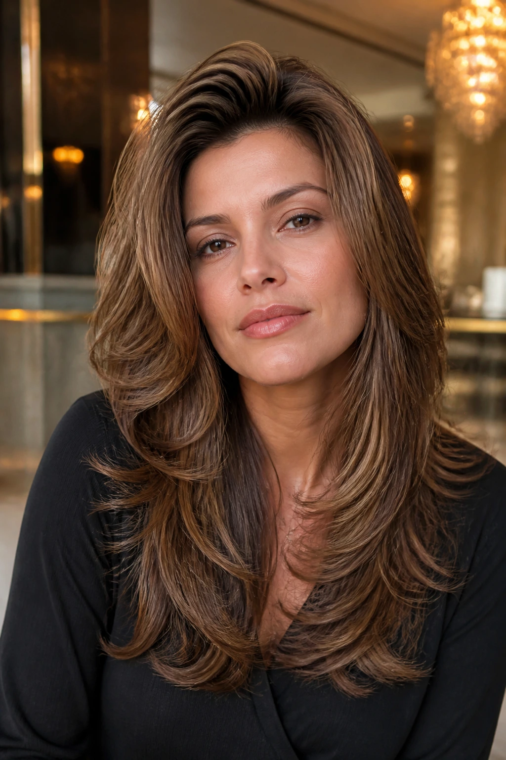Close-up portrait of a real woman with a voluminous ’90s blowout hairstyle filling the frame