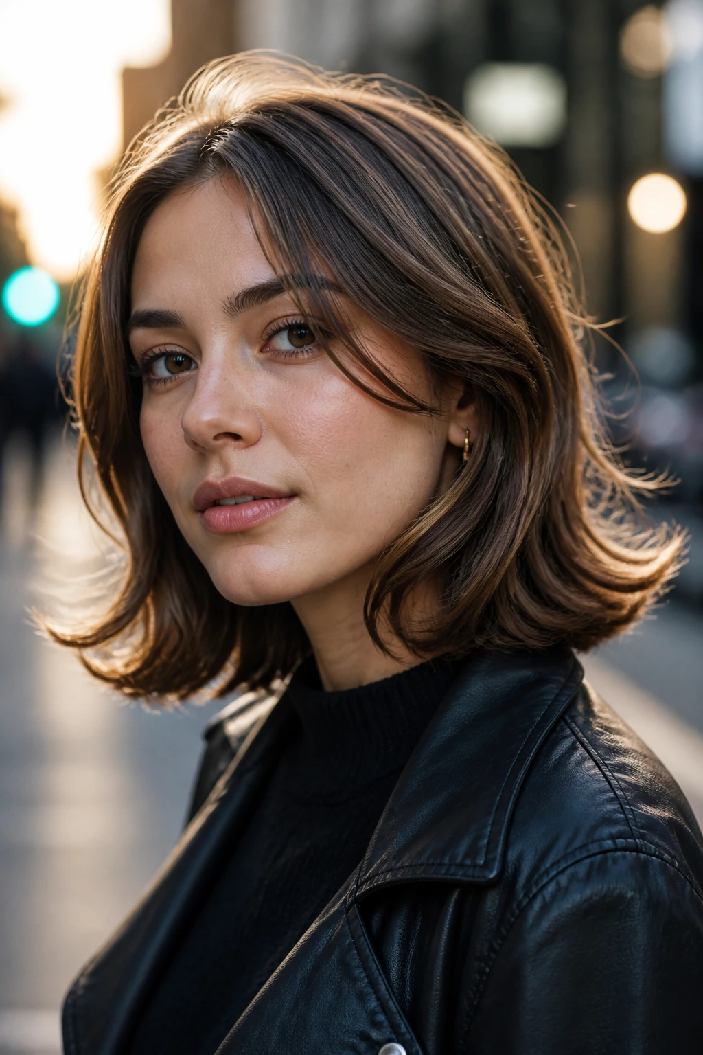 Real woman with a 90s flip lob and flicked-out ends on an urban street at dusk.