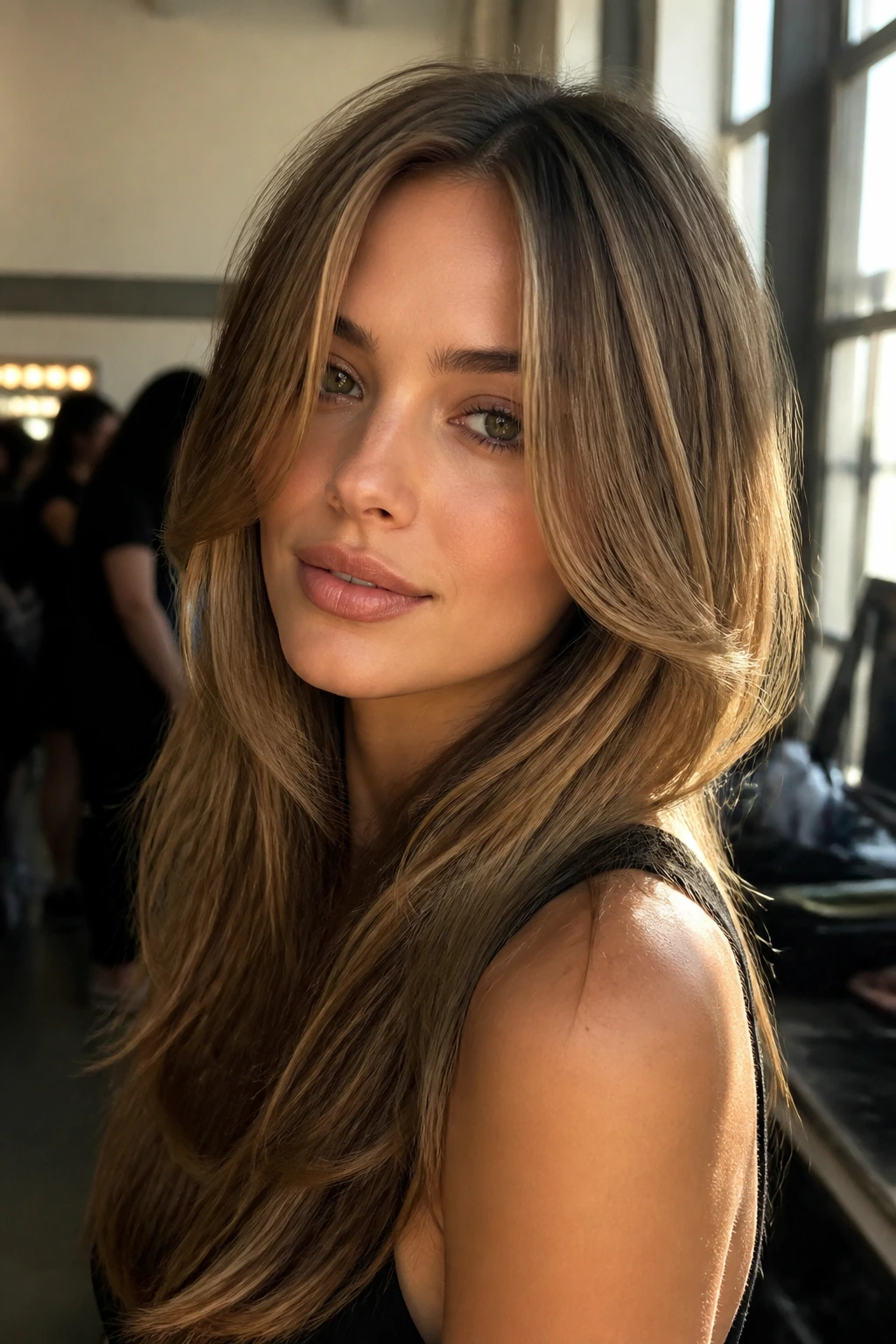 Close-up portrait of a real woman with long glossy face-framing 90s layers around the cheekbones.