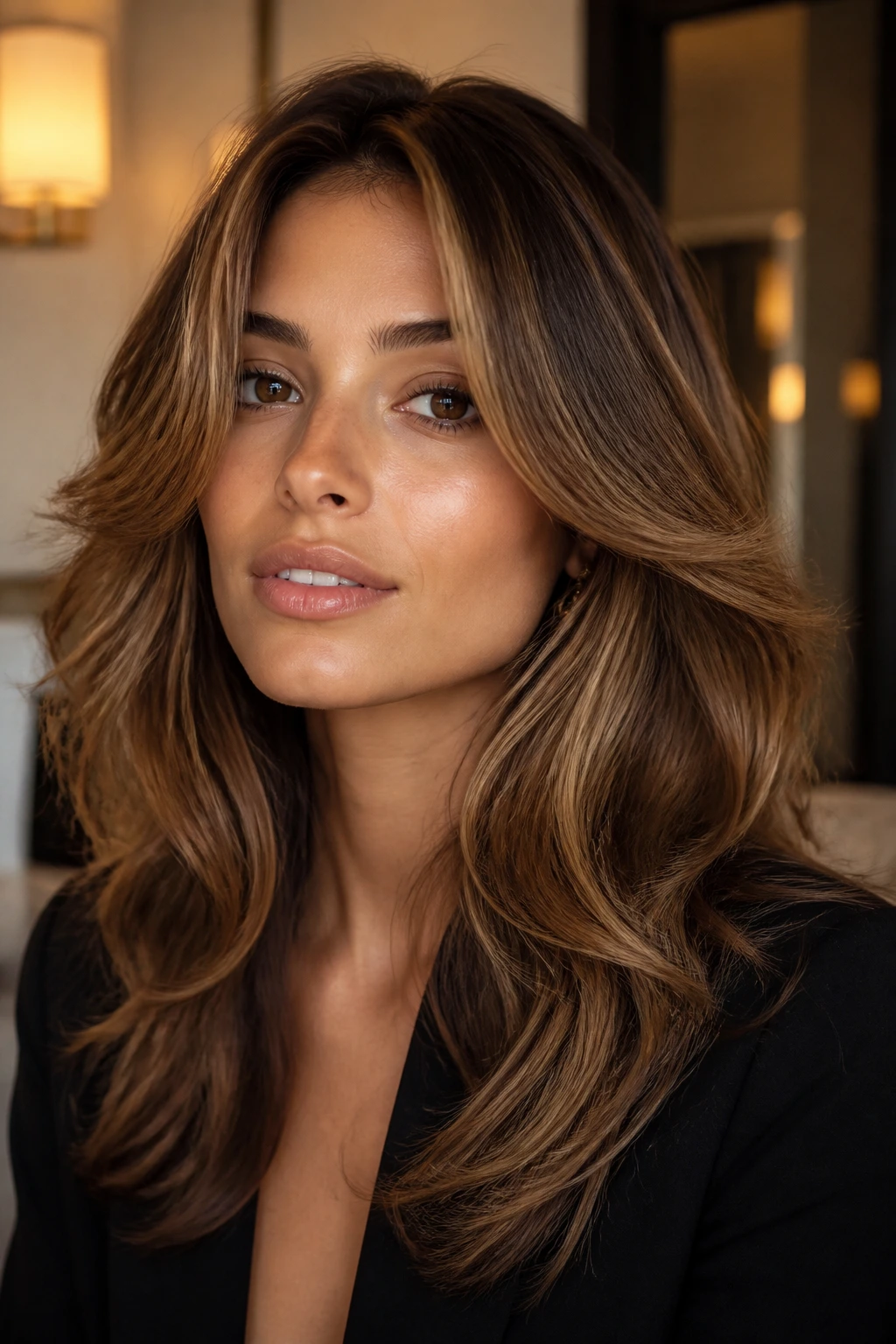 Shoulder-up portrait of a woman with polished 90s-style layered hair