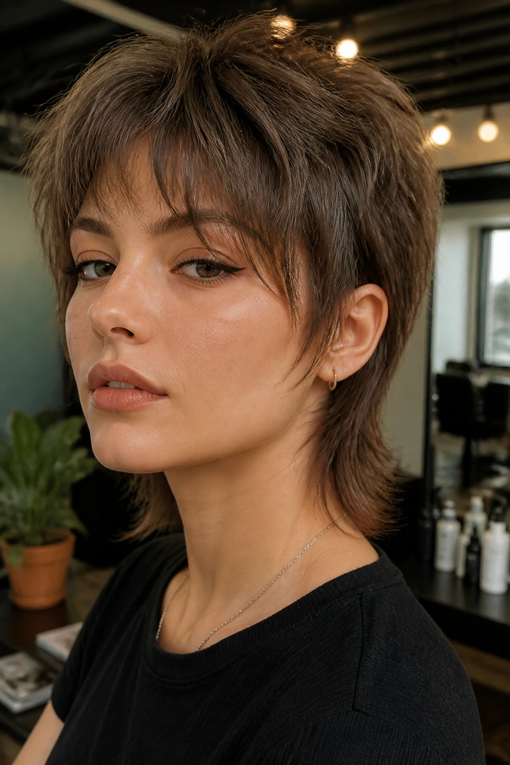 Portrait of a real person with 90s-inspired pixie mullet and face layers