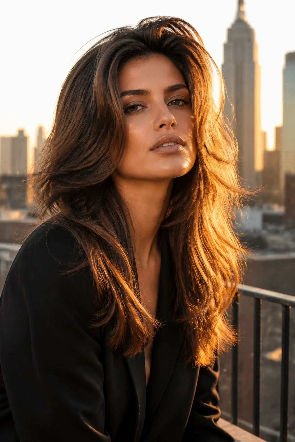 Real woman with 90s supermodel layers and crown lift in golden hour light.