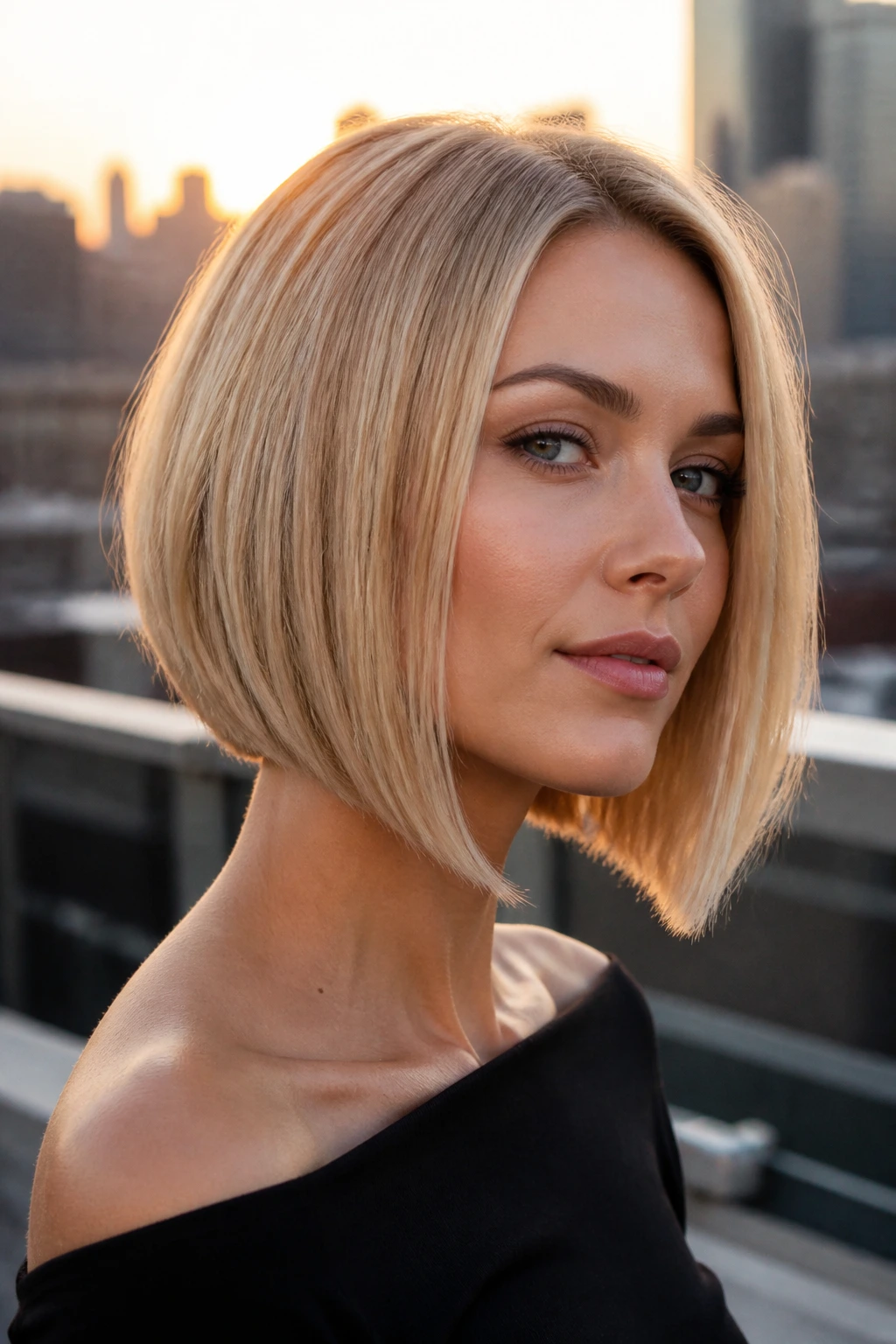 Portrait of a woman with an A-line blond bob angled toward the jaw.