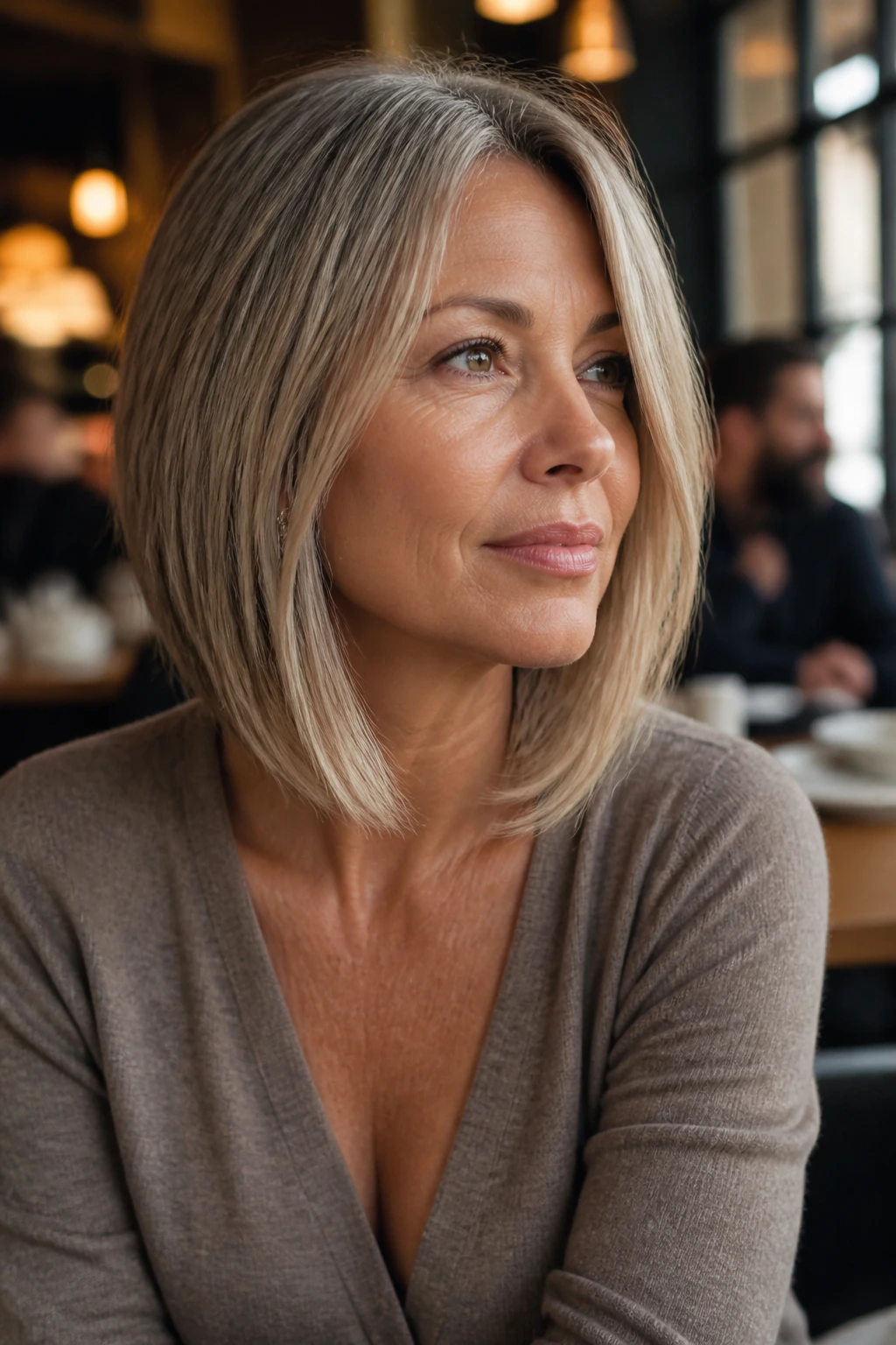 Close-up of a woman with an A-line bob and longer front pieces grazing the collarbone