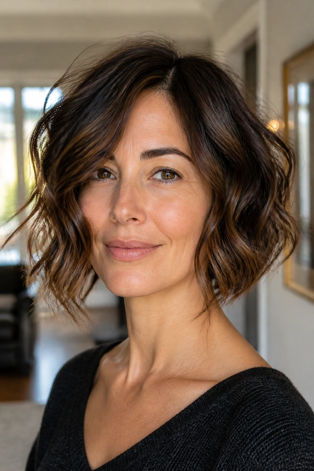 Close-up portrait of a real woman with an A-line bob and airy bend.