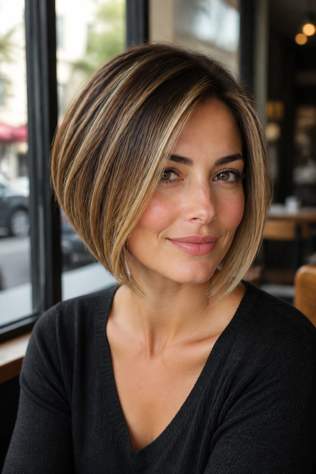 Real woman with A-line bob and face-framing babylights.