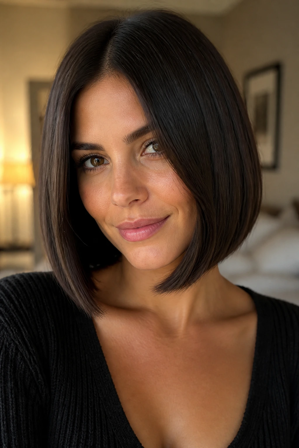 Close-up of a woman with an A-line bob featuring a beveled front highlighting the jawline