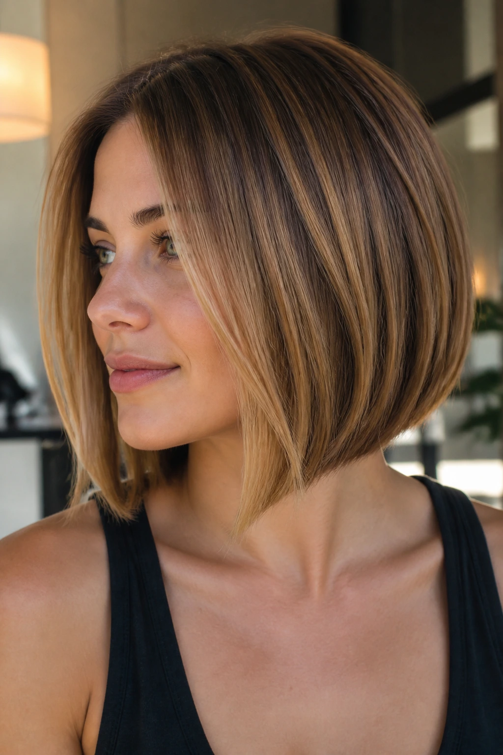 Portrait of a woman with A-line bob and bronze shadow panels