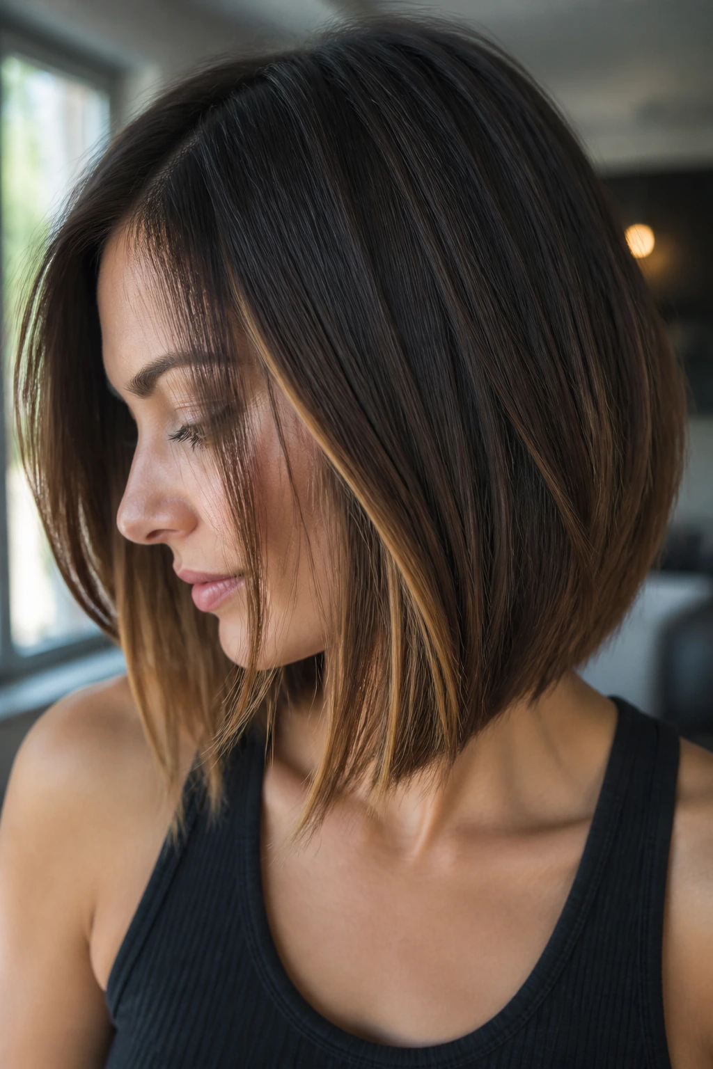 A-line bob with caramel underlights on a real person.
