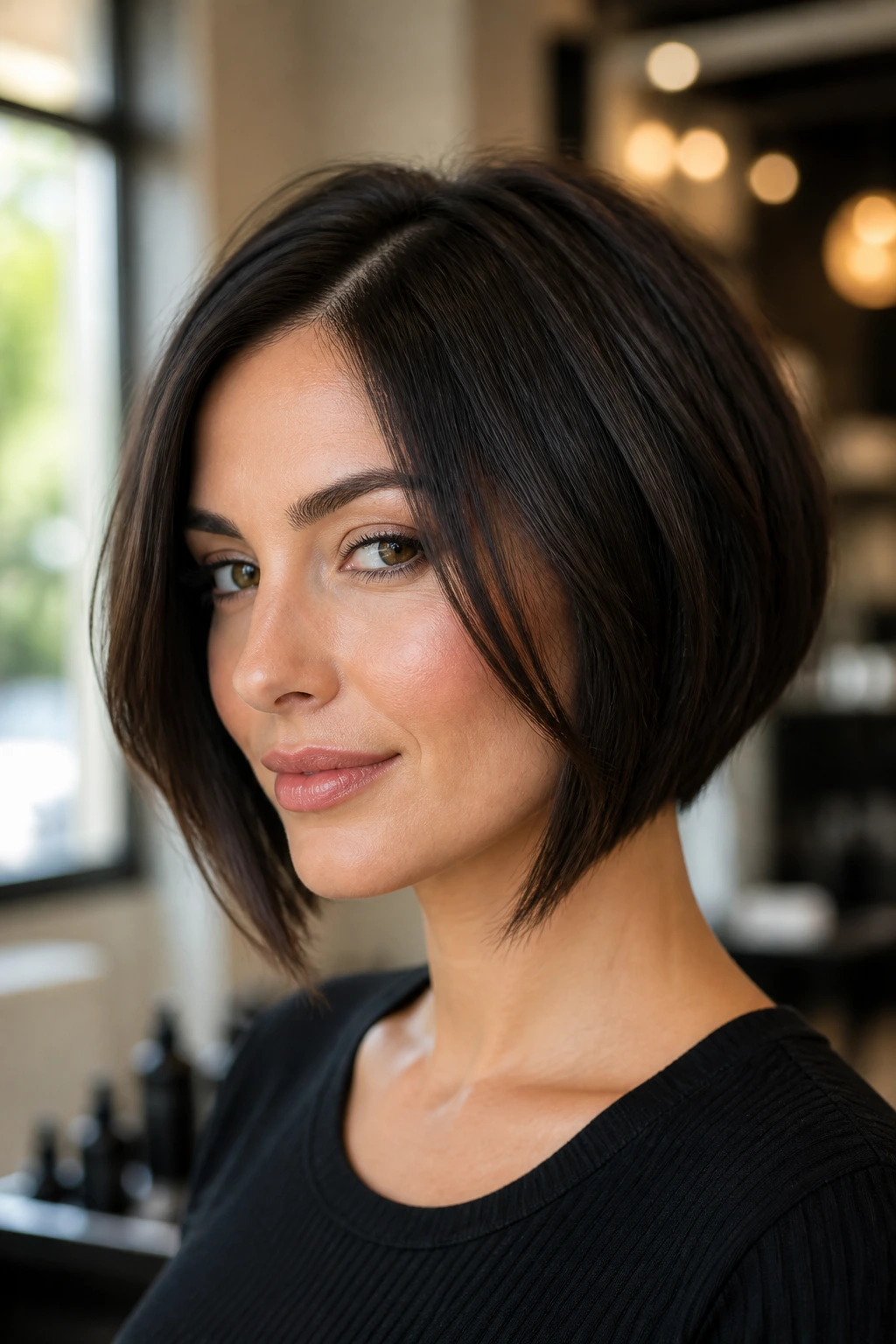 Close-up portrait of a real woman with an A-Line Bob featuring cheekbone-length front pieces in a warm salon scene