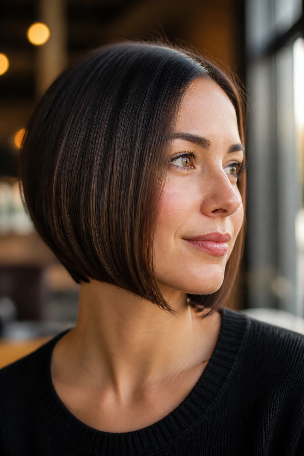 Real woman with an A-line bob and clean edge in a cafe setting.