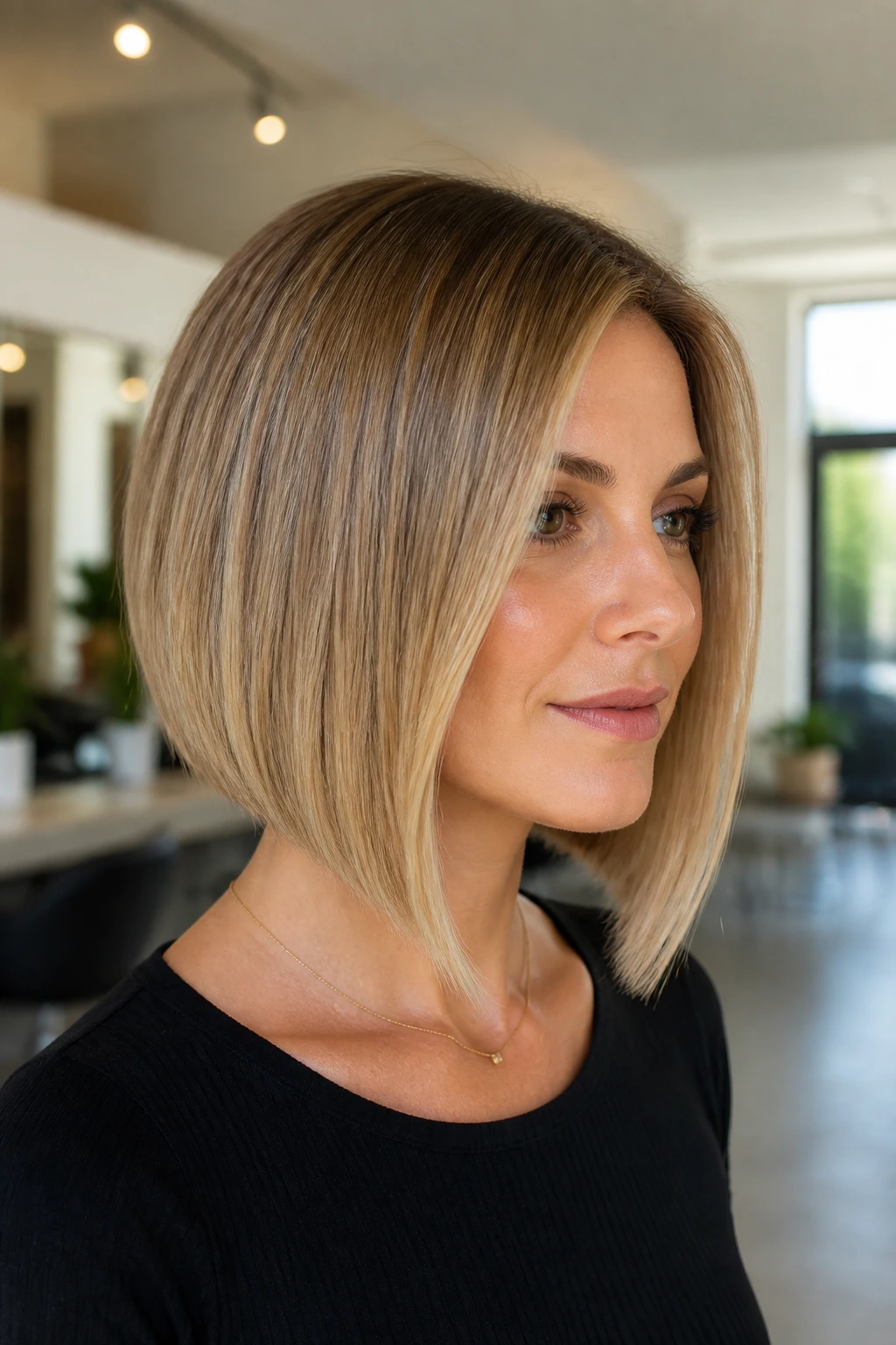 Close-up of a real woman with an A-Line Bob with a clean front angle