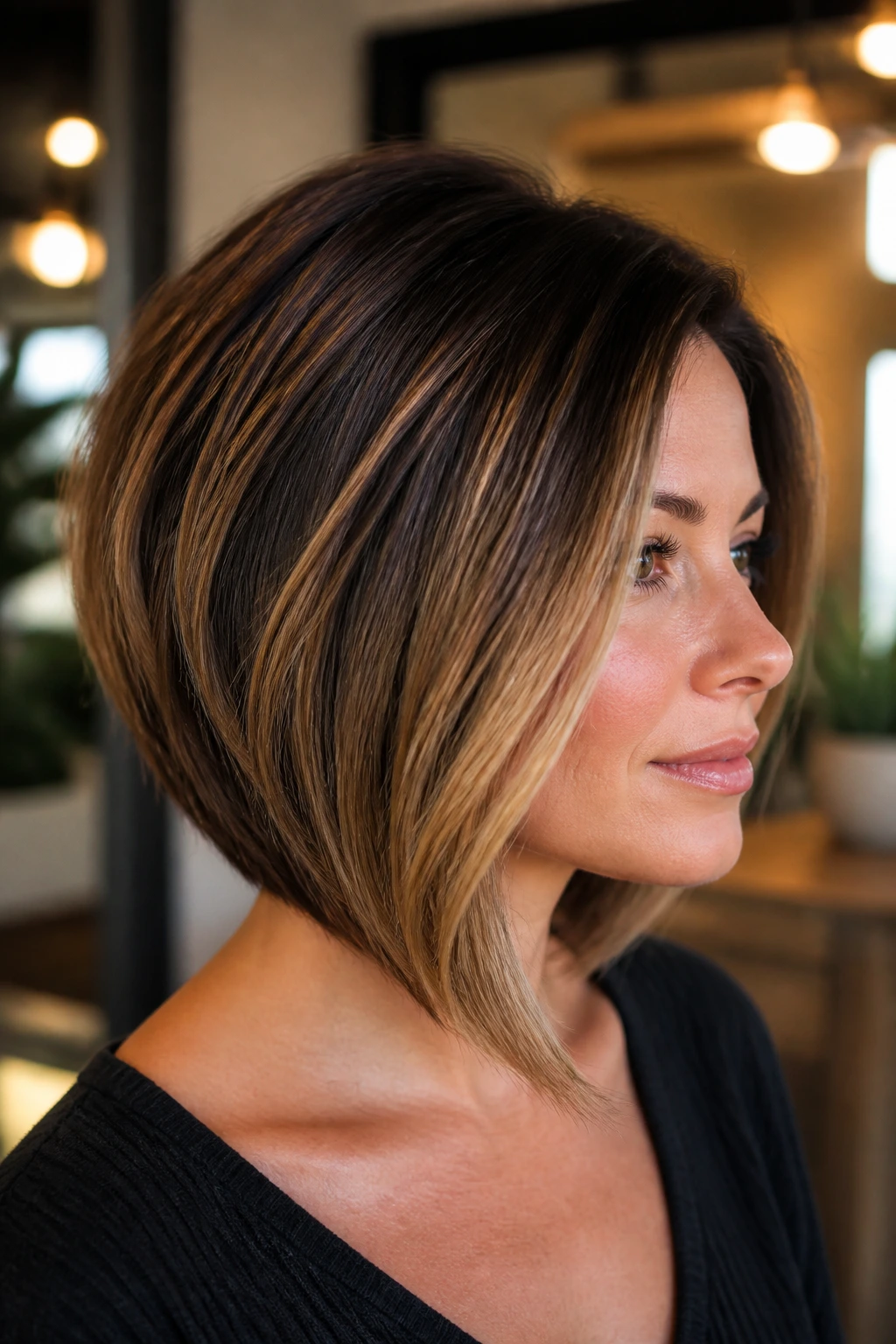 Close-up portrait of a real woman with an A-line bob and contoured highlights