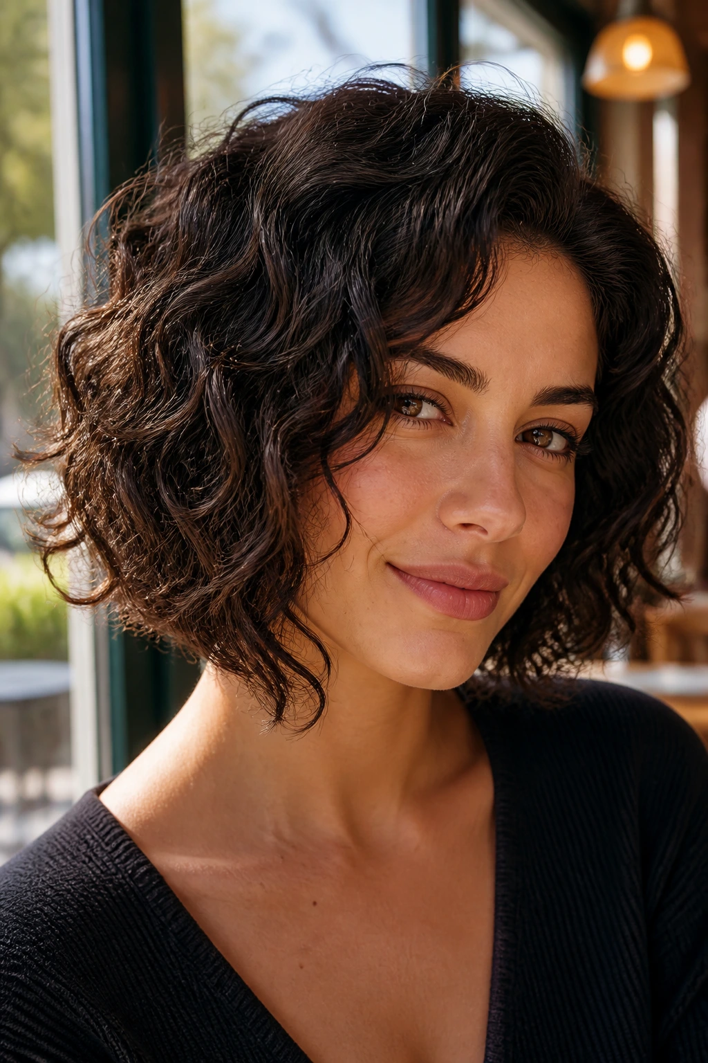 Close-up of a real woman wearing a soft A-line bob in warm cafe light