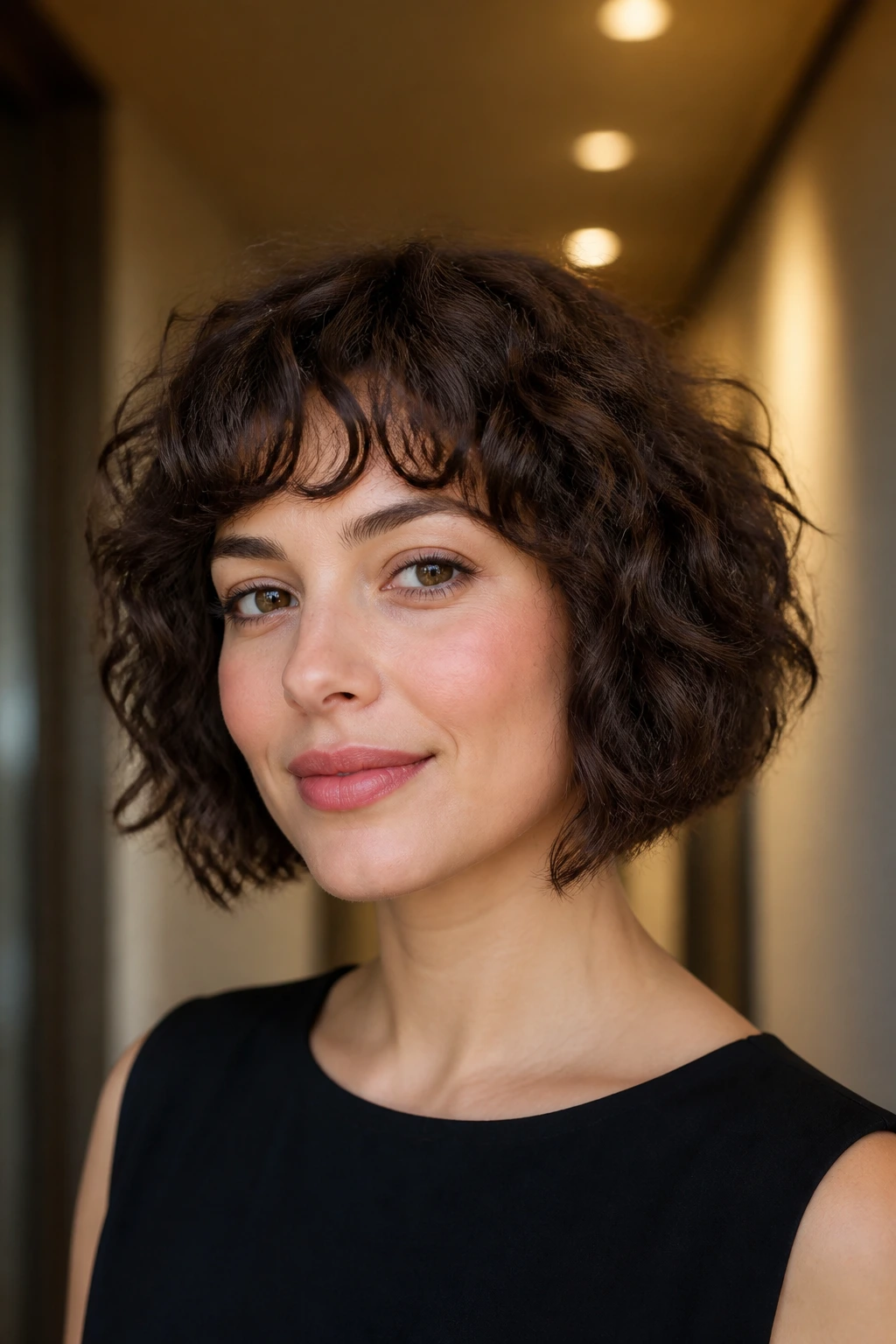 Close-up of a real woman with slight A-line French bob framing cheeks