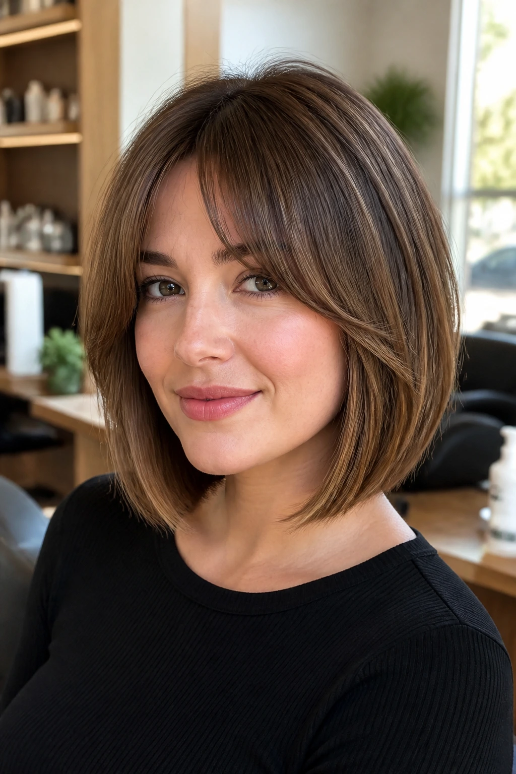 Close-up portrait of a real woman with an A-line bob highlighting face-framing cut