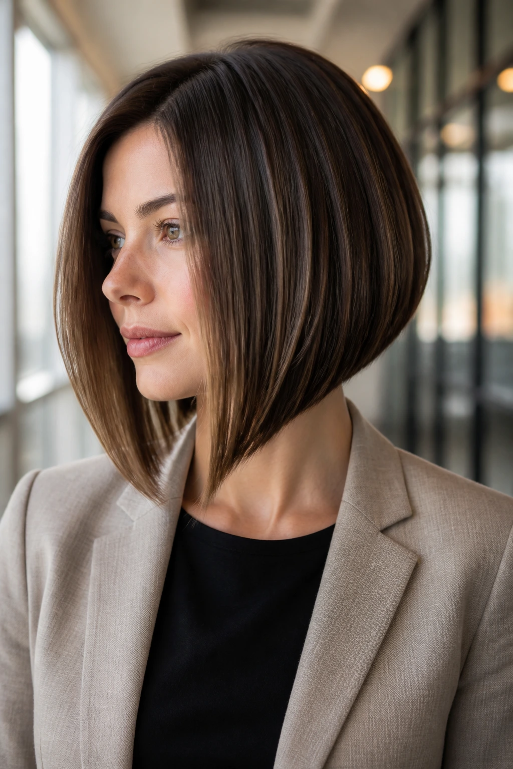 Close-up portrait of real woman with A-Line Bob With Hidden Debulking showing a smooth silhouette