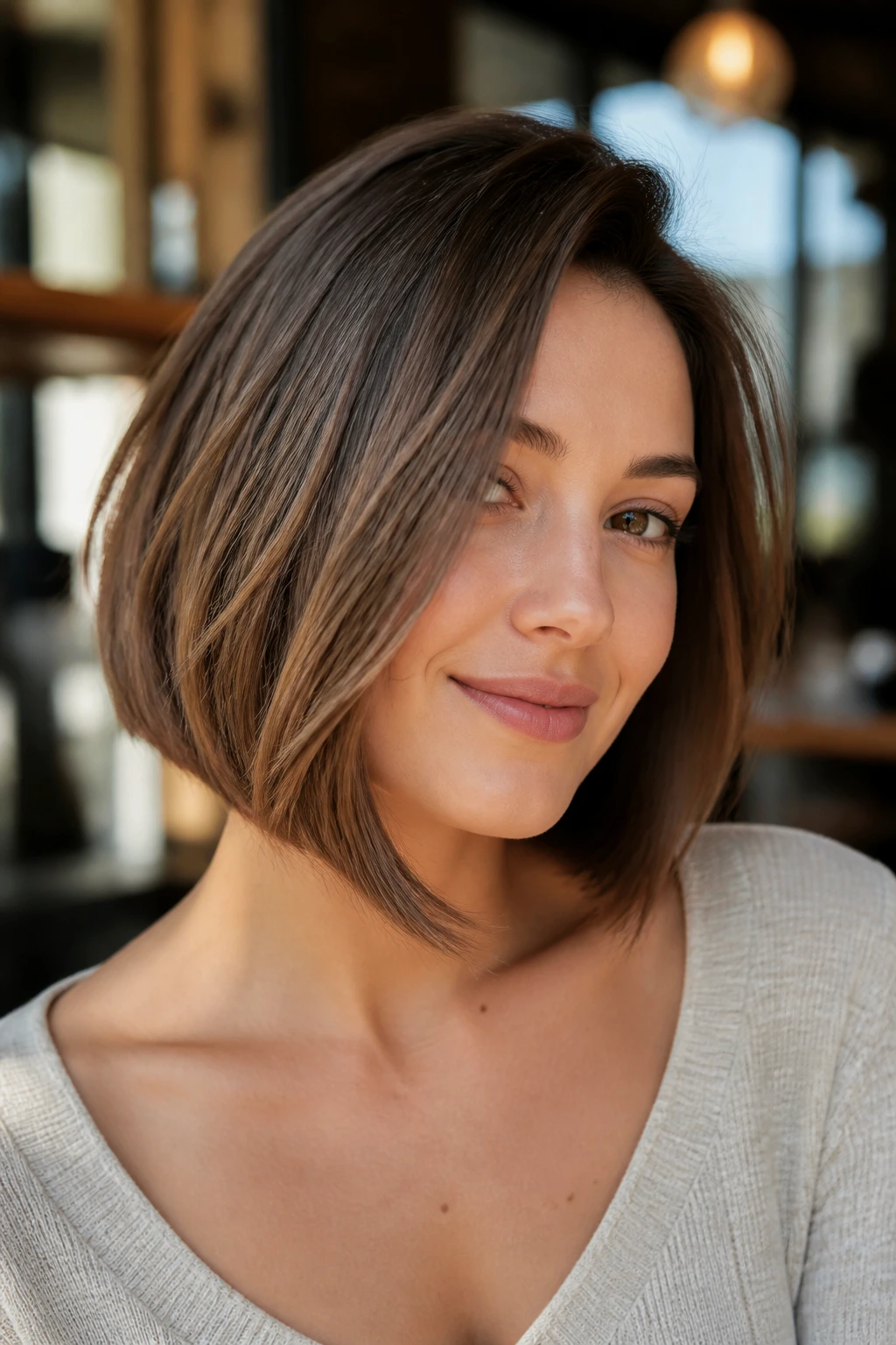 Portrait of a woman with a soft A-line bob and longer front corners