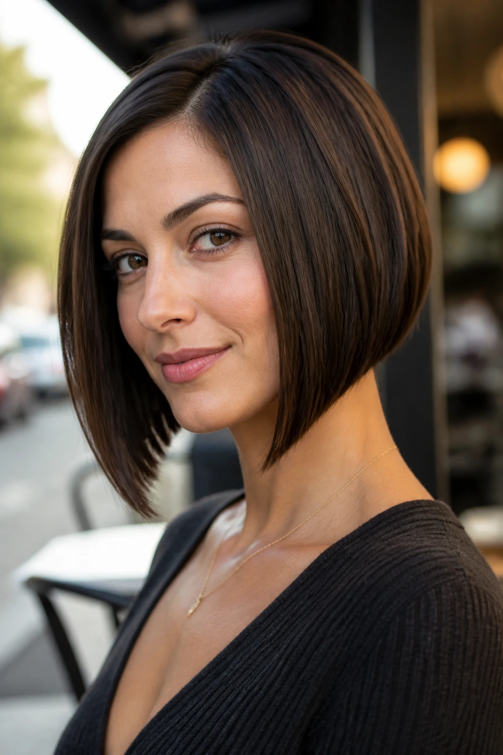 Portrait of a woman with an A-line bob and long front corners.