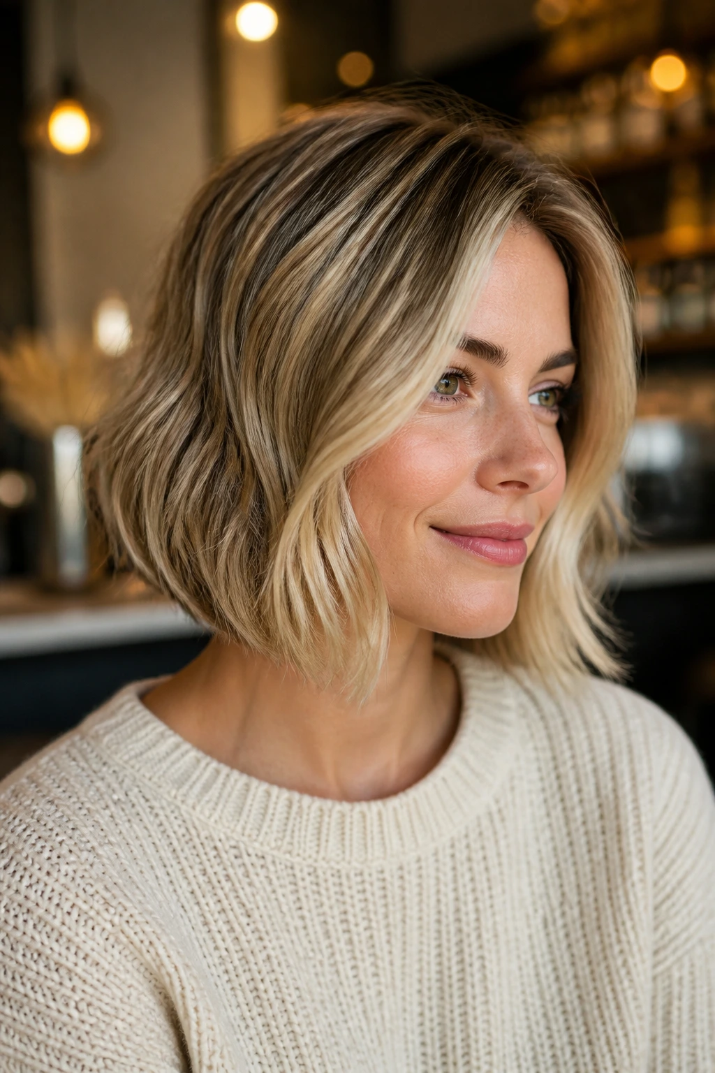 Portrait of a real woman with a soft A-line bob and dimensional blonde highlights