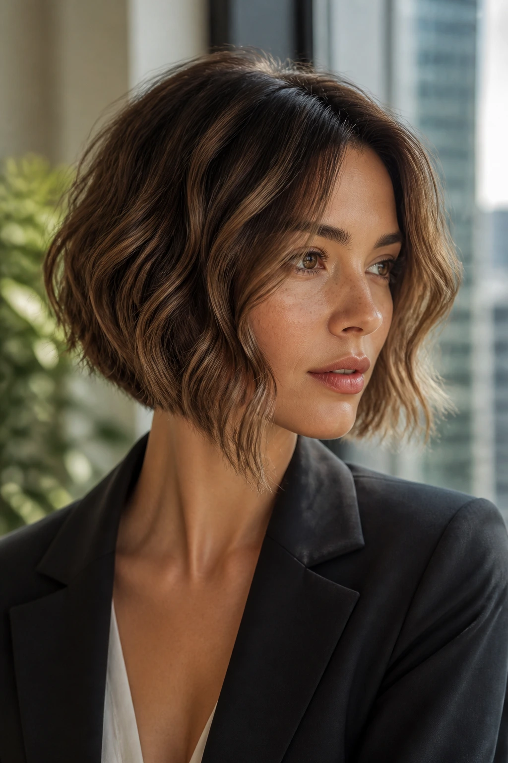 Close-up of a real woman with an A-line bob that tips forward in a modern office setting