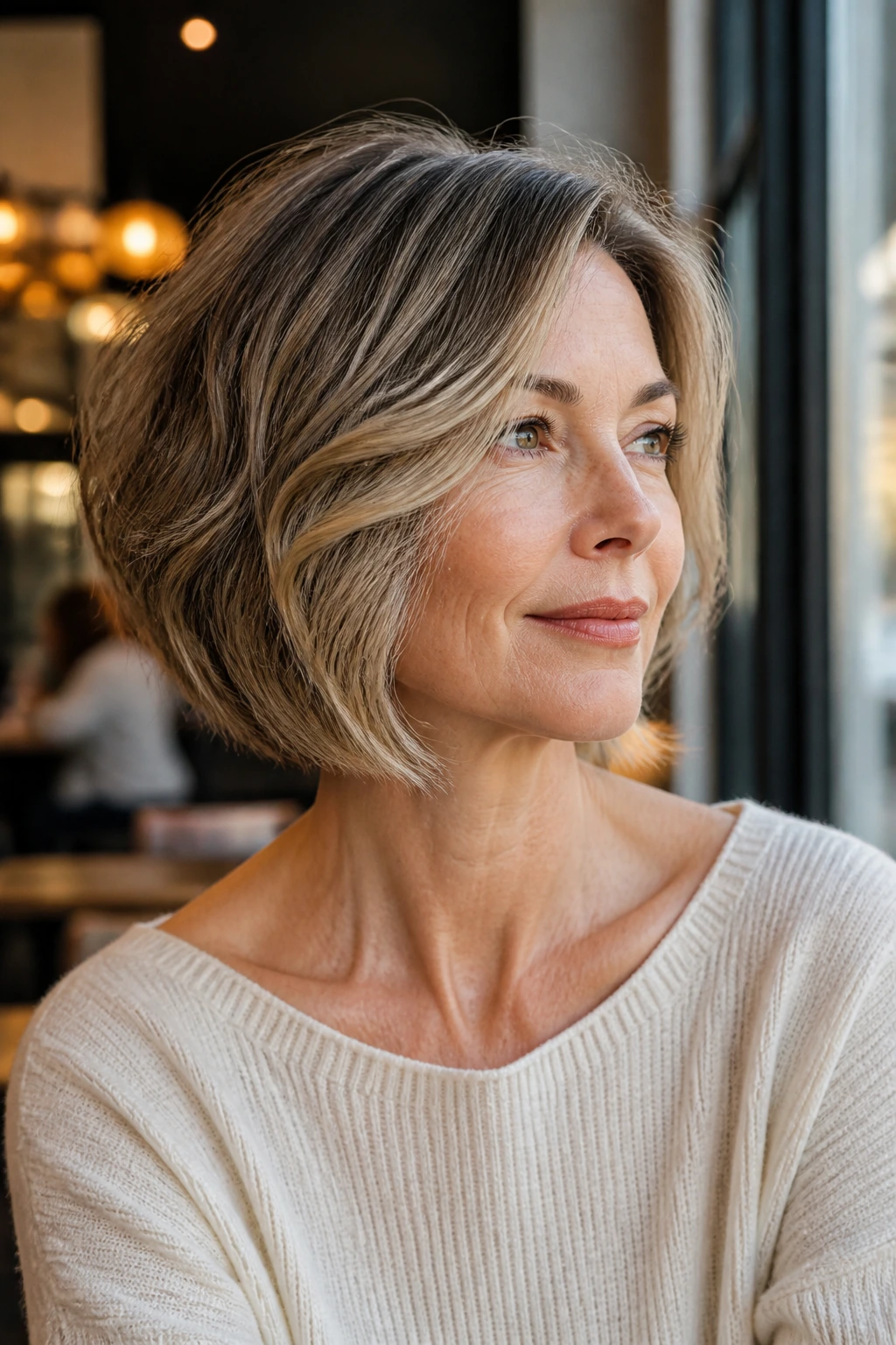 Portrait of a real woman with an A-line bob and forward-swept front pieces