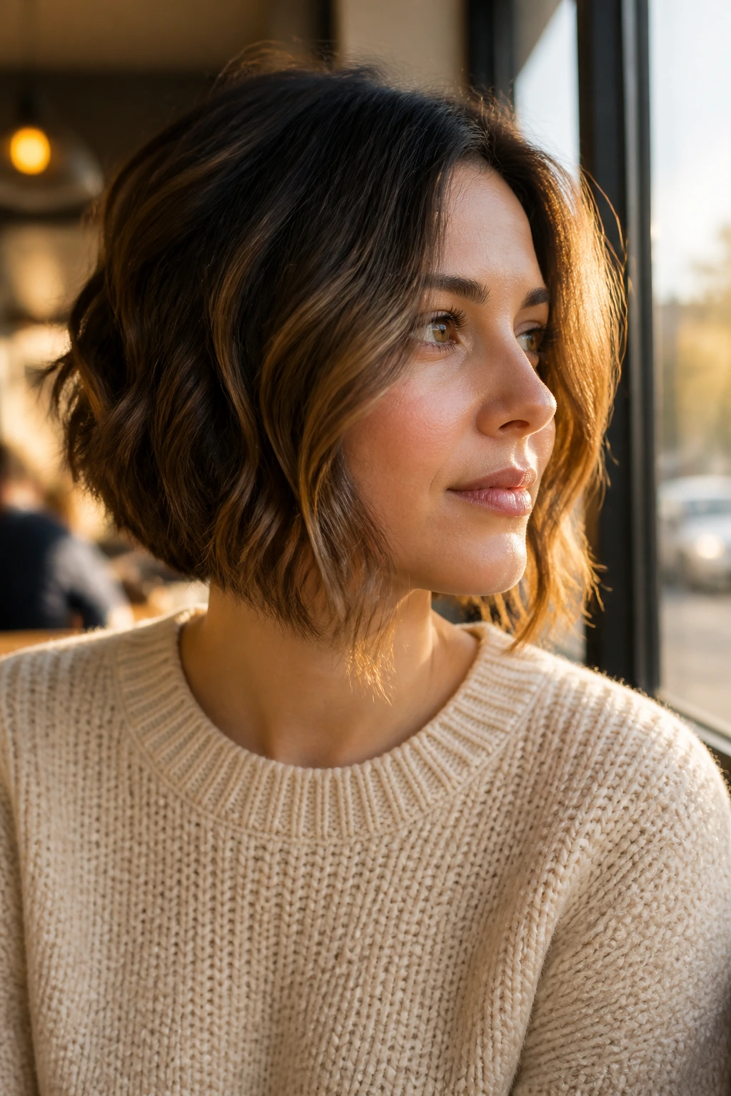 Real woman with A-line bob in cafe light.