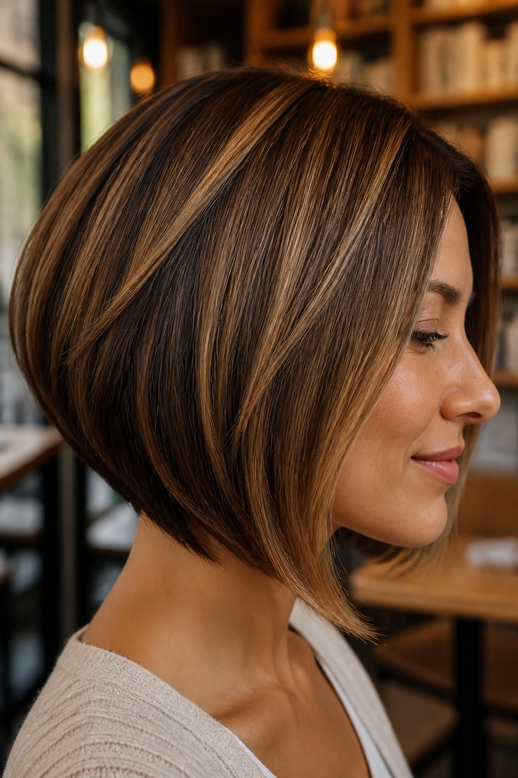 Portrait of a woman with A-line bob and hidden lowlights showing depth