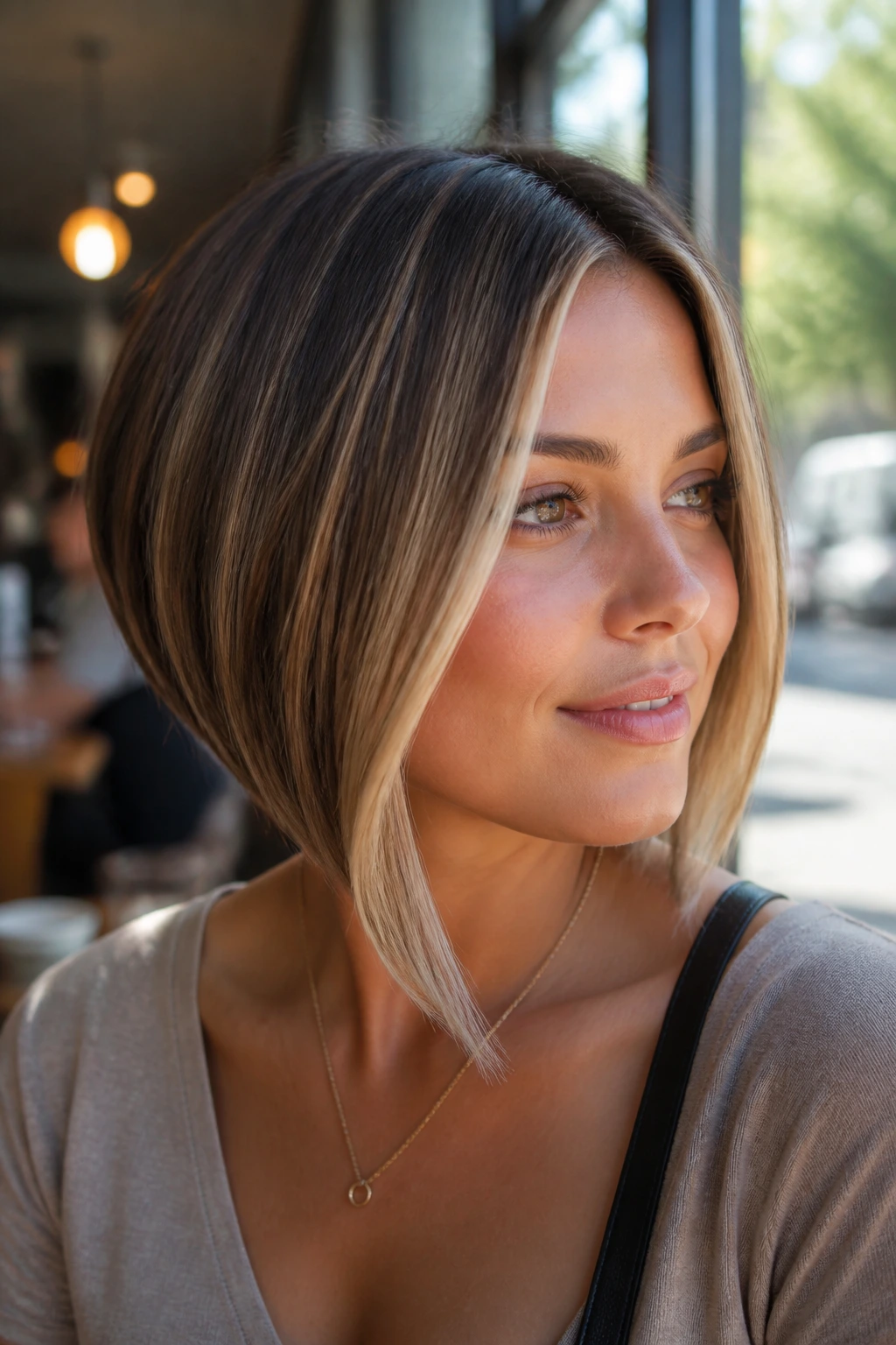 Portrait of a woman with dimensional A-line bob and front highlights.