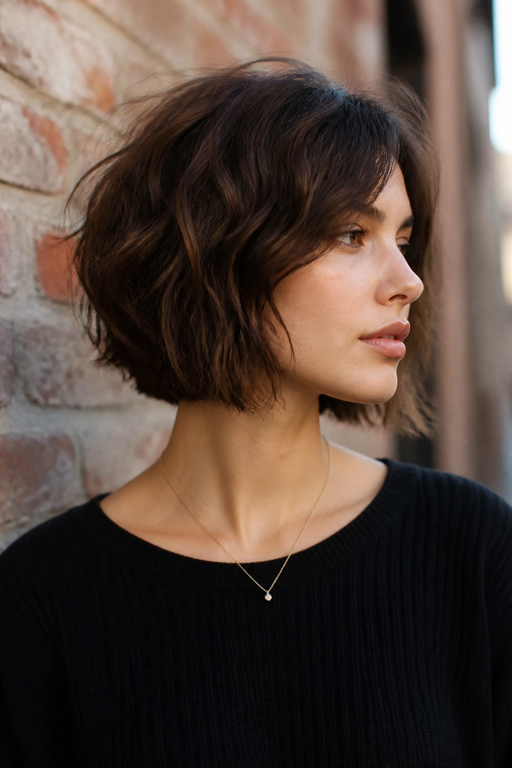 Portrait of a woman with a jaw-skimming A-line bob.