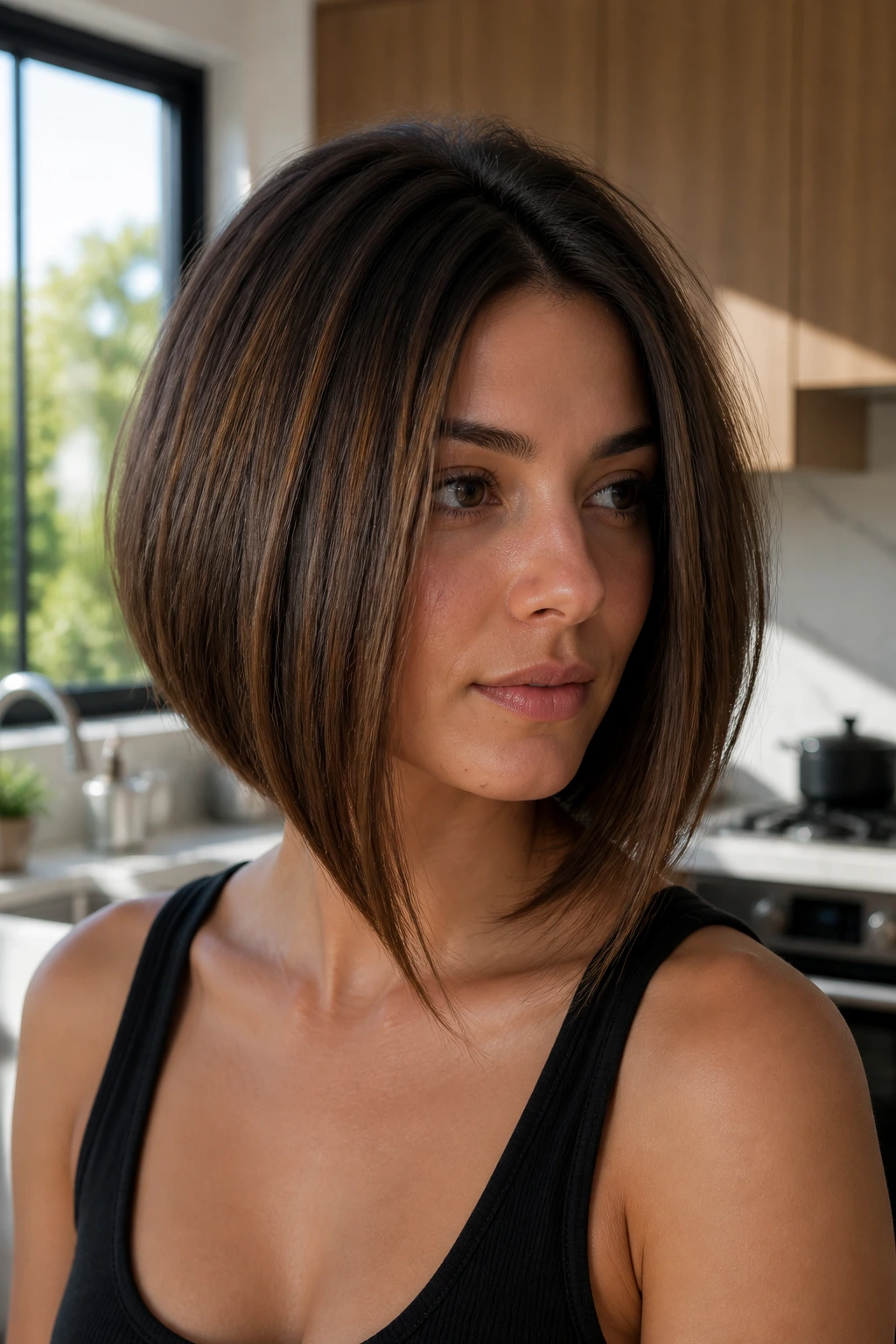 Portrait of woman with A-line bob and longer front in kitchen sunlight