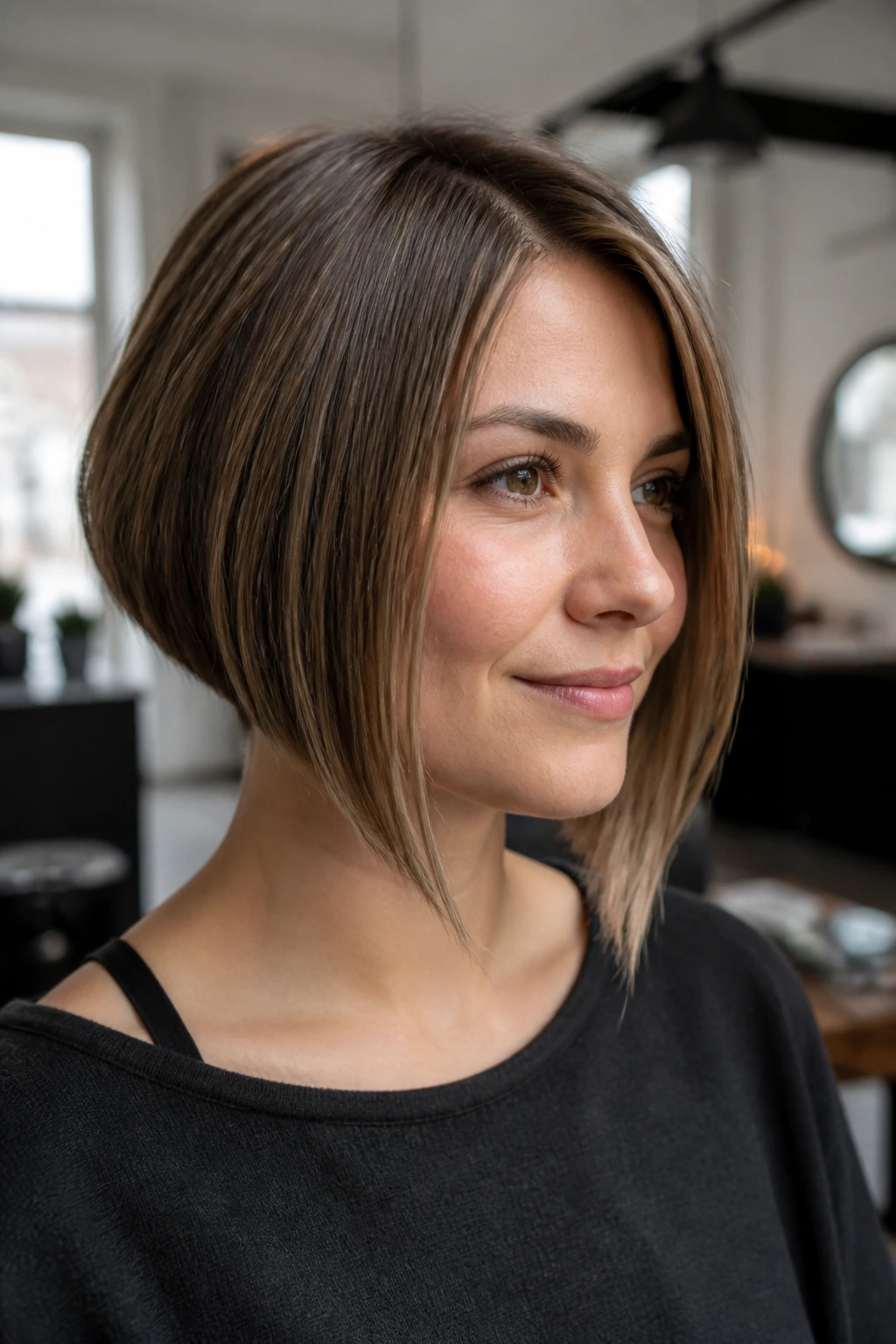 Close-up of a real woman with an A-line bob and longer front corners