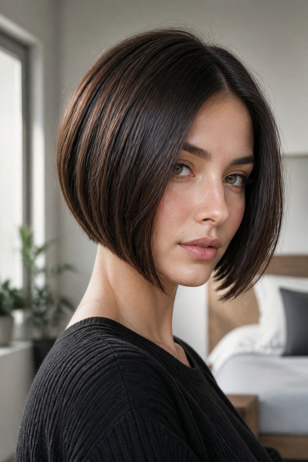 Real woman with A-Line Bob featuring longer front corners grazing the jaw, natural window light.